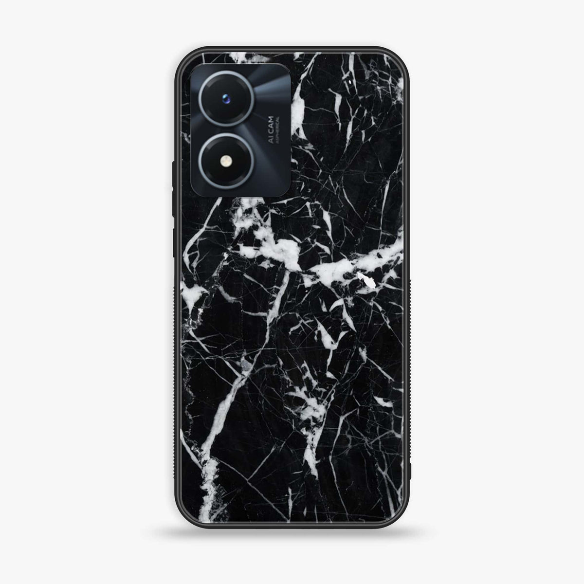 Vivo Y02s  - Black Marble Series - Premium Printed Glass soft Bumper shock Proof Case