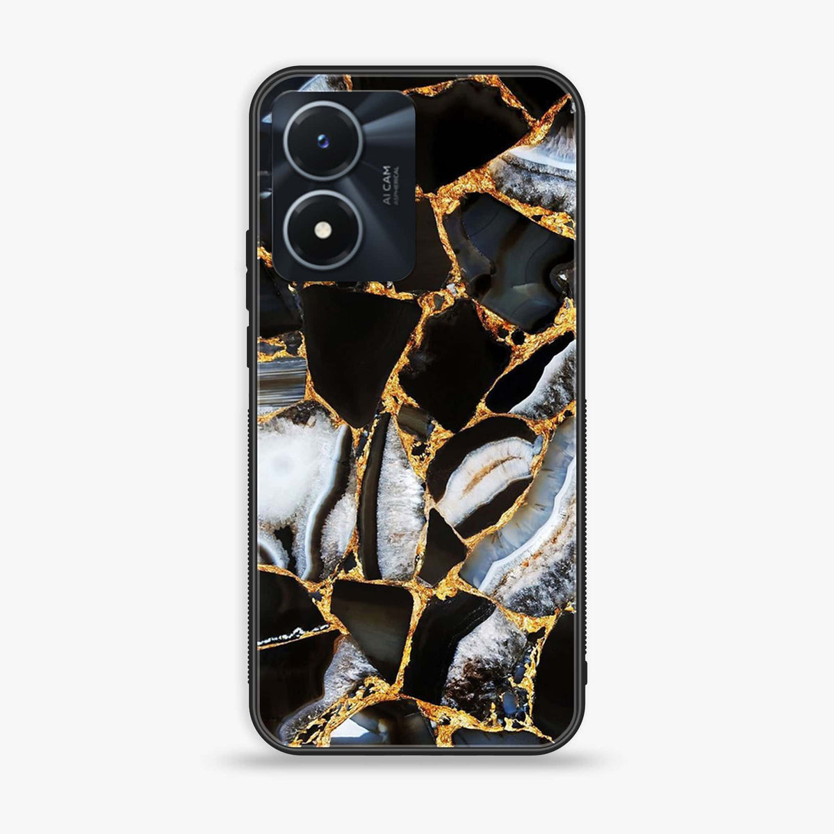 Vivo Y02s  - Black Marble Series - Premium Printed Glass soft Bumper shock Proof Case