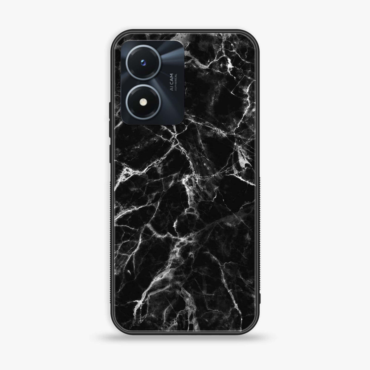 Vivo Y02s  - Black Marble Series - Premium Printed Glass soft Bumper shock Proof Case