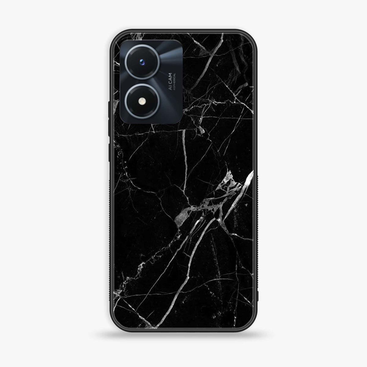 Vivo Y02s  - Black Marble Series - Premium Printed Glass soft Bumper shock Proof Case