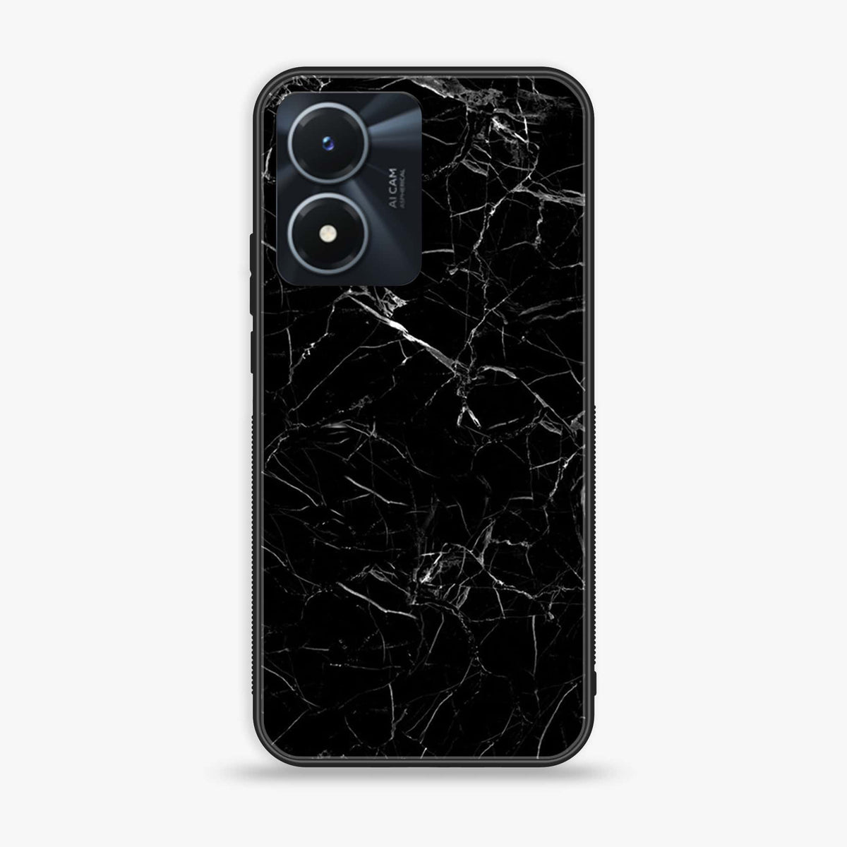 Vivo Y02s  - Black Marble Series - Premium Printed Glass soft Bumper shock Proof Case