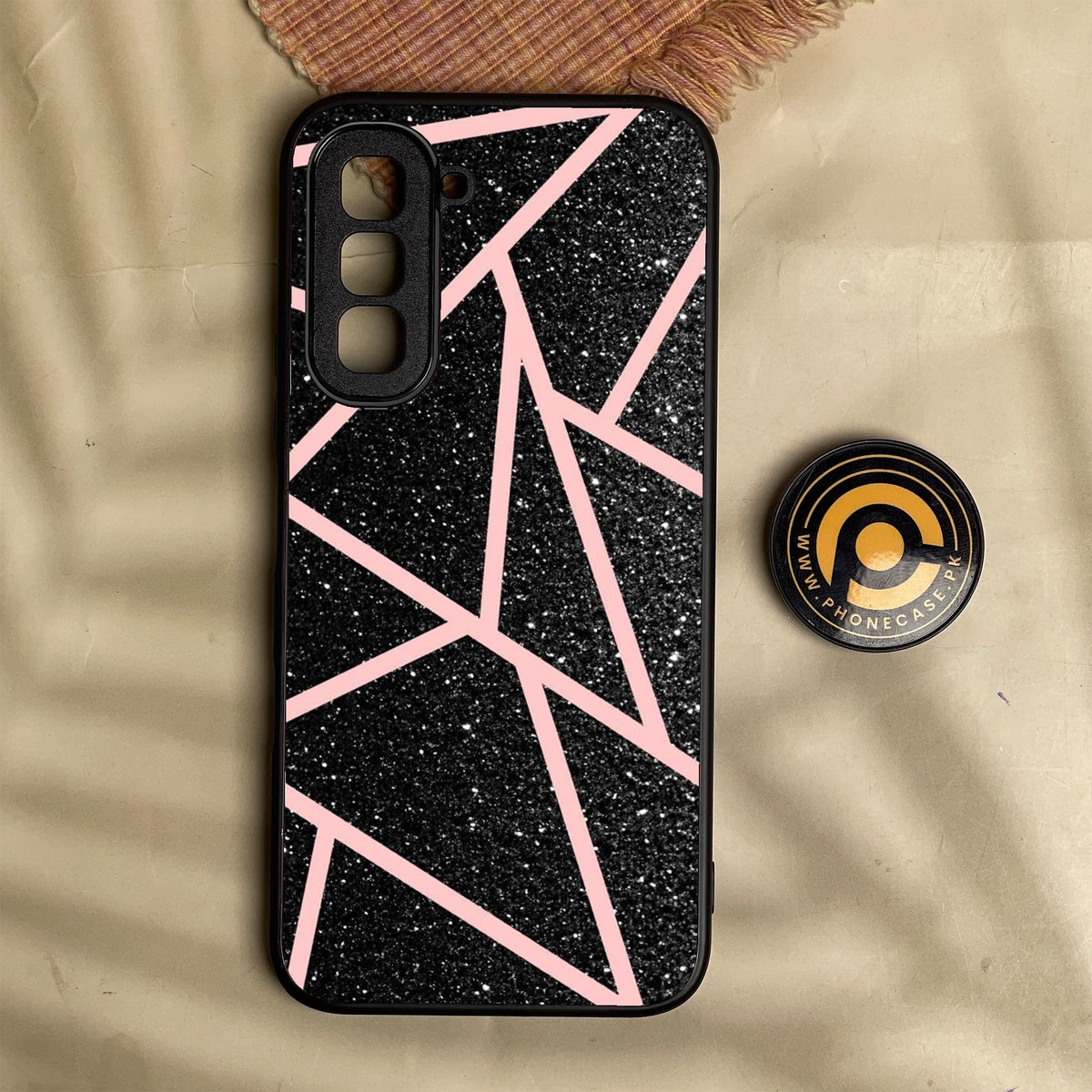 Infinix Hot 70 - Black Sparkle Glitter With Rosegold Lines - Premium Metal Printed Soft Bumper Shock Proof Case