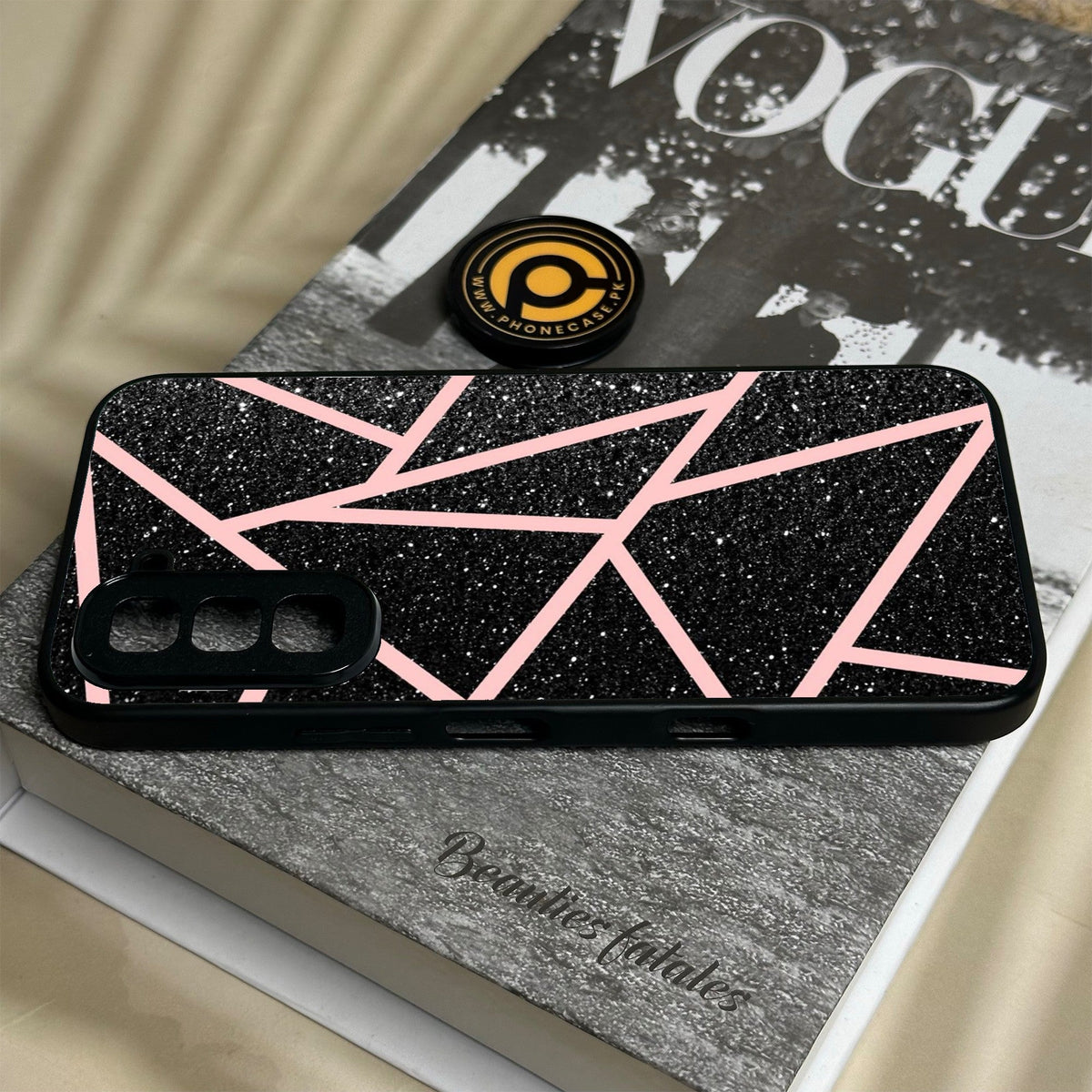 Infinix Hot 70 - Black Sparkle Glitter With Rosegold Lines - Premium Metal Printed Soft Bumper Shock Proof Case