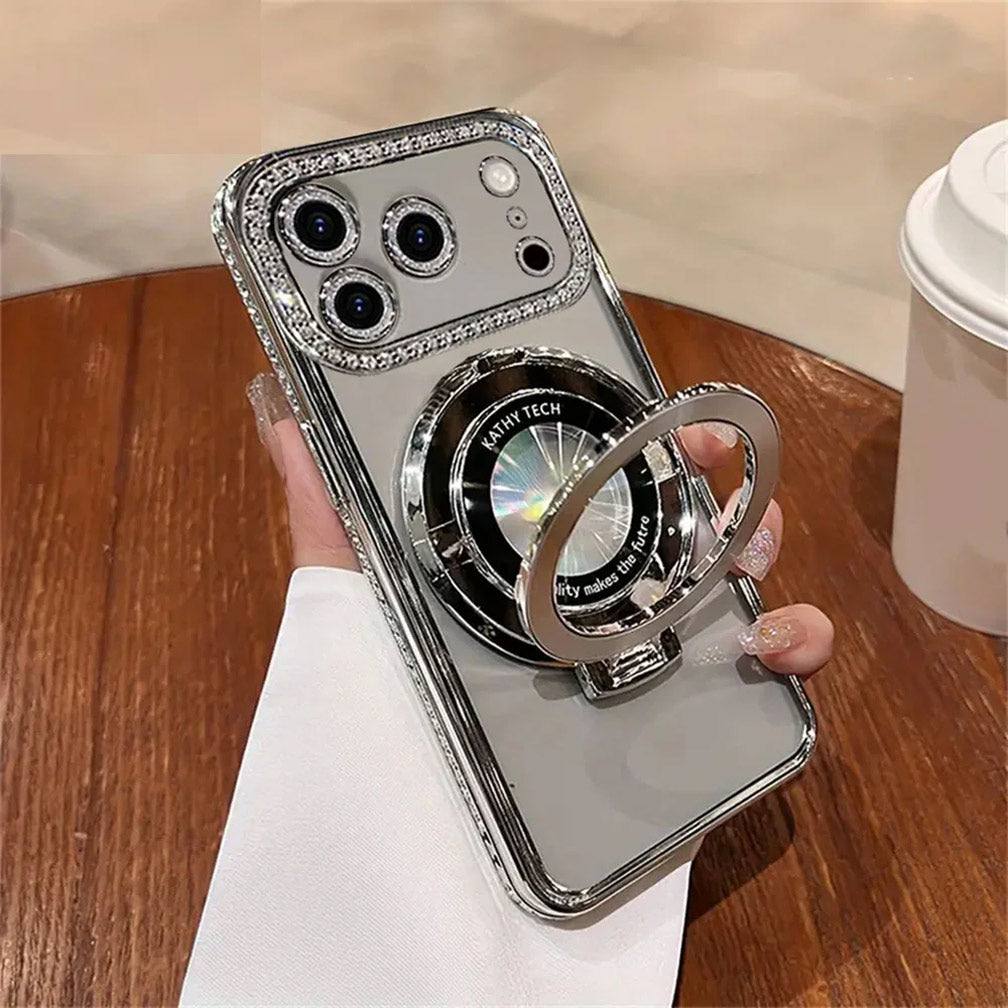 iPhone 17 Pro Max Cover - Silver - Luxury Diamond Rhinestones Color Electroplating Borders Magsafe Magnetic Stand Holder Soft Clear Case With Camera Protection