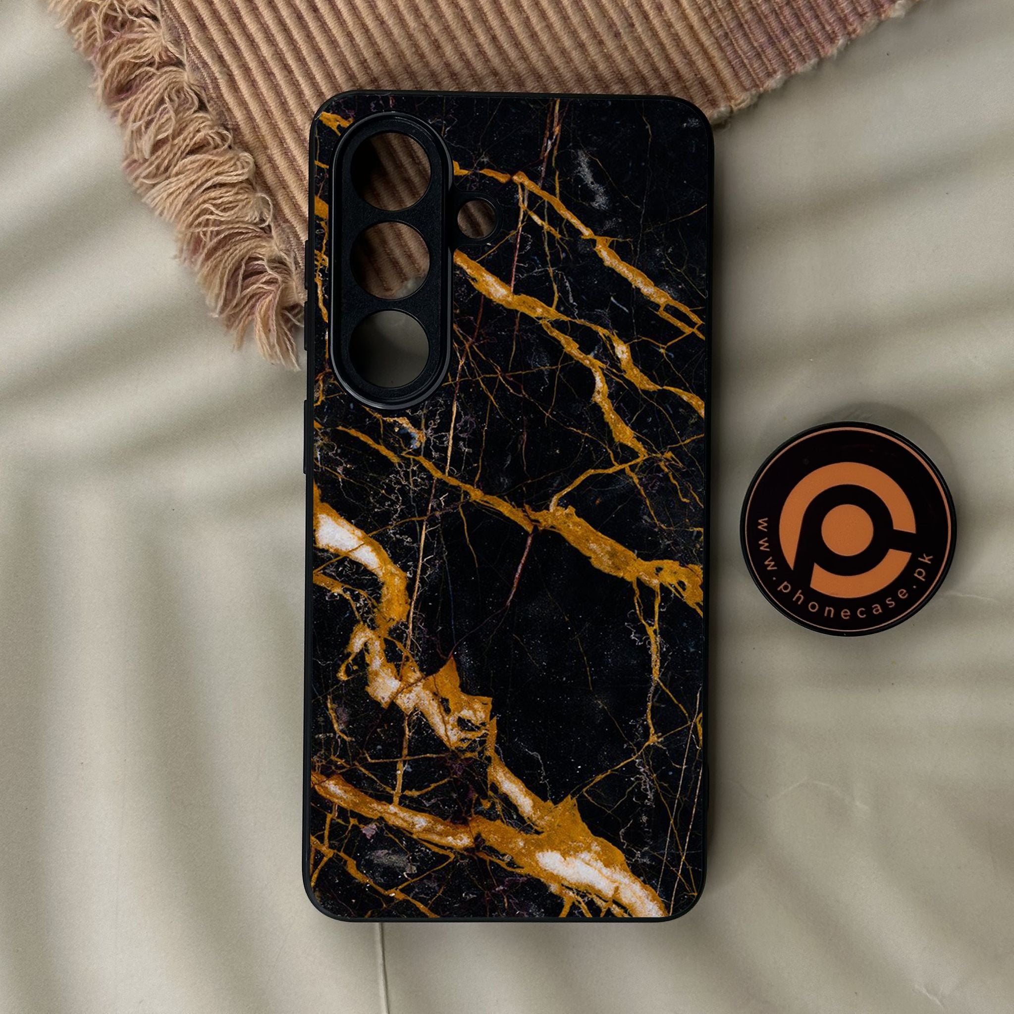 Galaxy S26 - Golden Black Marble - Premium Metal Printed Soft Bumper Shock Proof Case