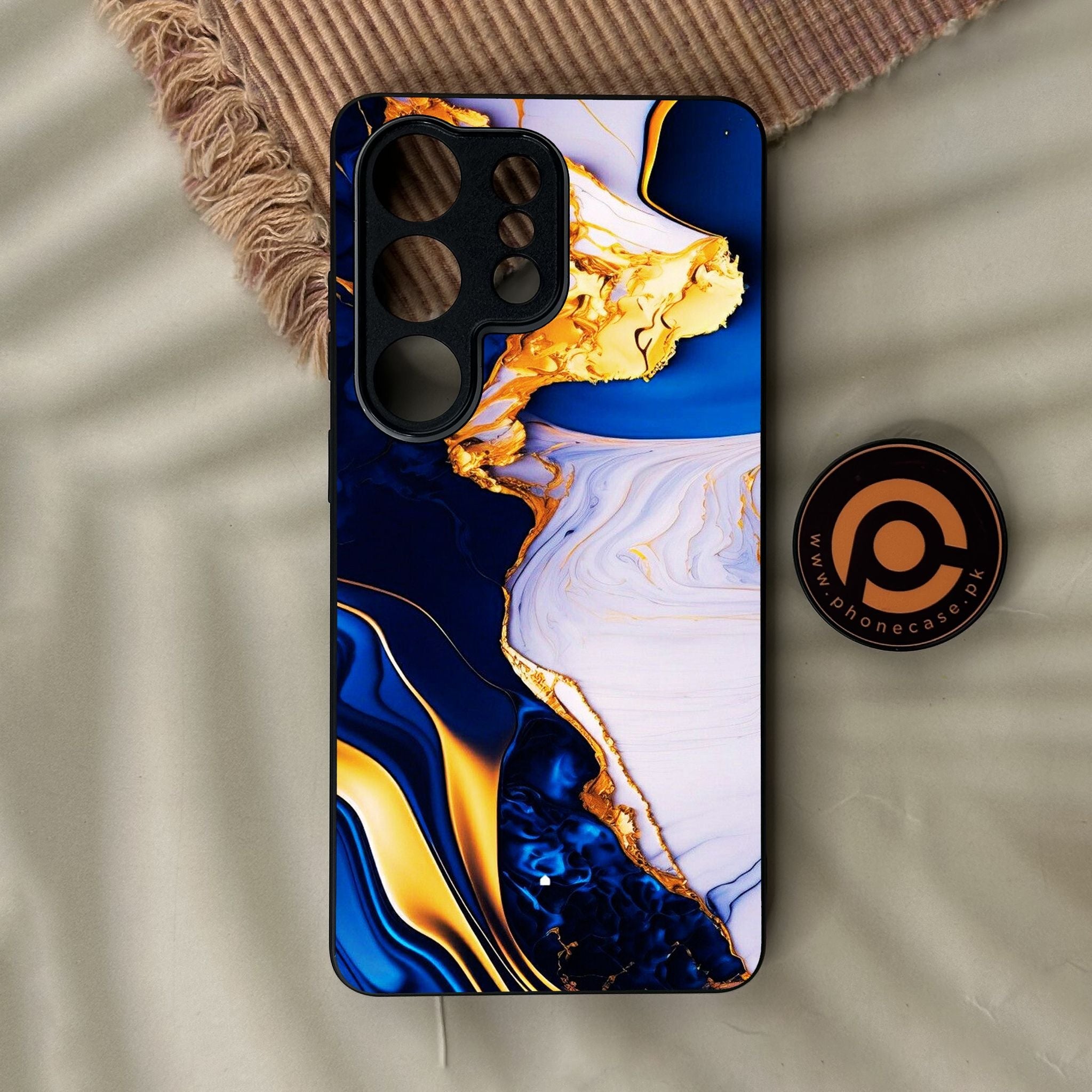 Galaxy S26 Ultra - Blue Golden Marble - Premium Metal Printed Soft Bumper Shock Proof Case