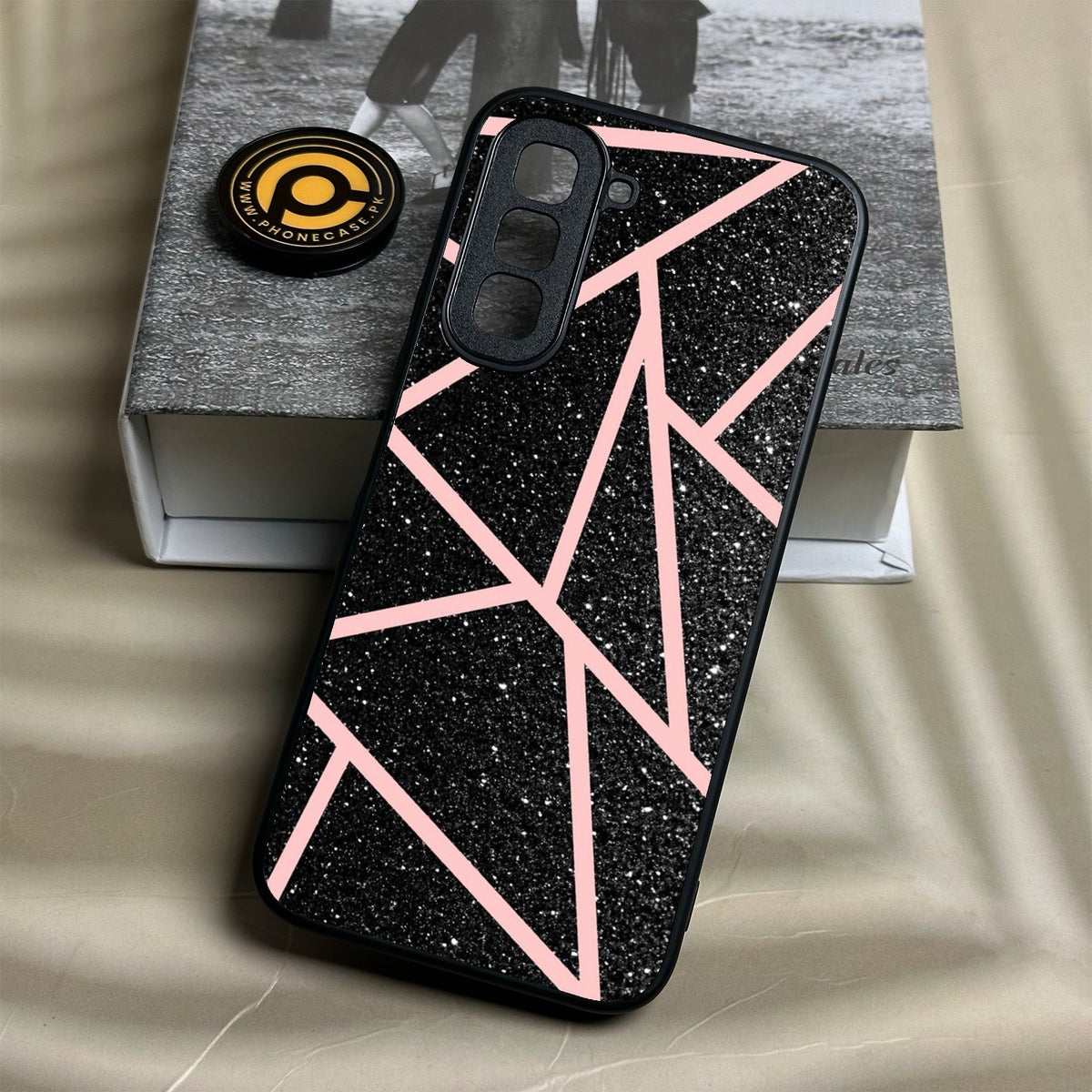 Infinix Hot 70 - Black Sparkle Glitter With Rosegold Lines - Premium Metal Printed Soft Bumper Shock Proof Case