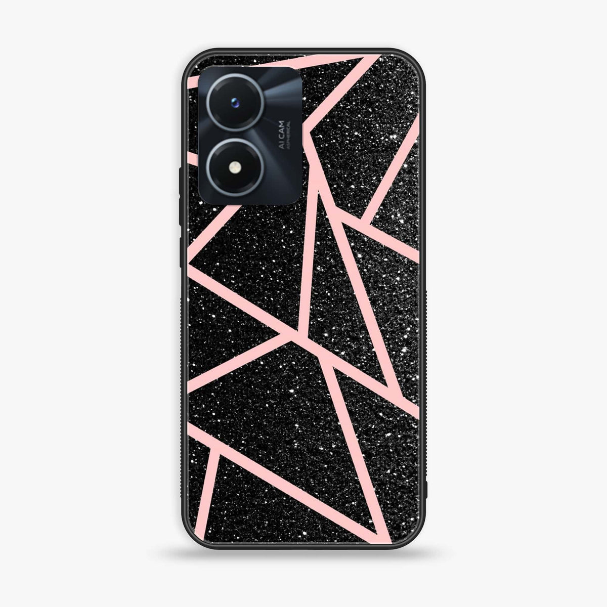 Vivo Y02s - Black Sparkle Glitter With RoseGold Lines -  Premium Printed Metal soft Bumper shock Proof Case CS-12776