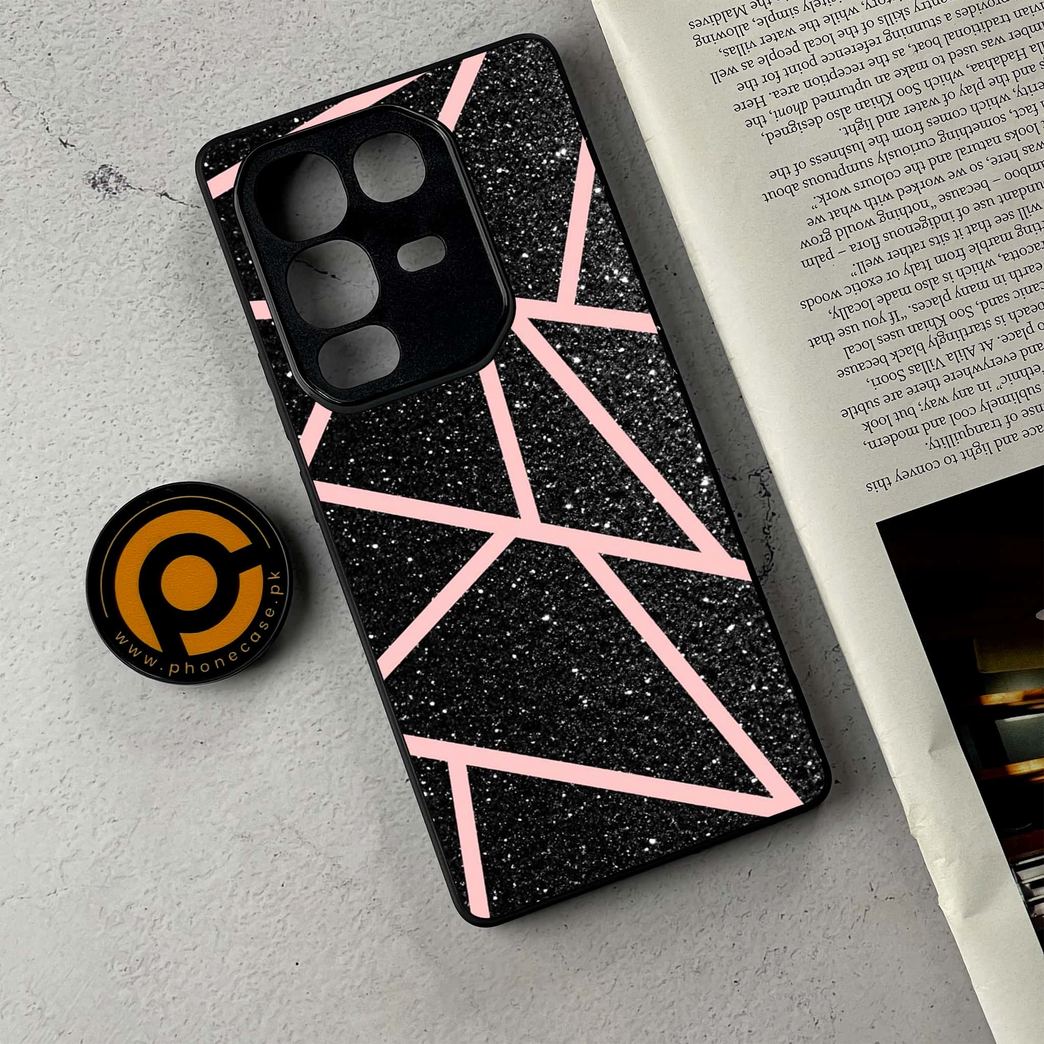 Infinix Note 50 Pro Plus - Black Sparkle Glitter With RoseGold Lines - Premium Metal Printed Soft Bumper Shockproof Case