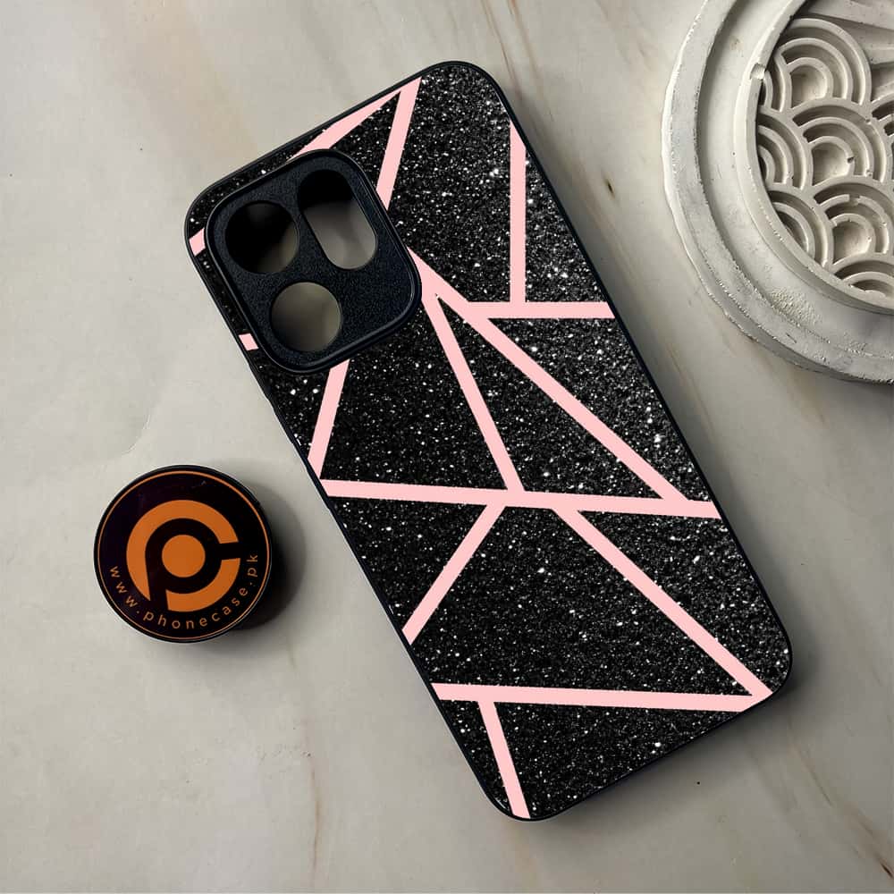 Oppo Reno 14F 5G - Black Sparkle Glitter With RoseGold Lines - Premium Metal Printed Soft Bumper Shockproof Case