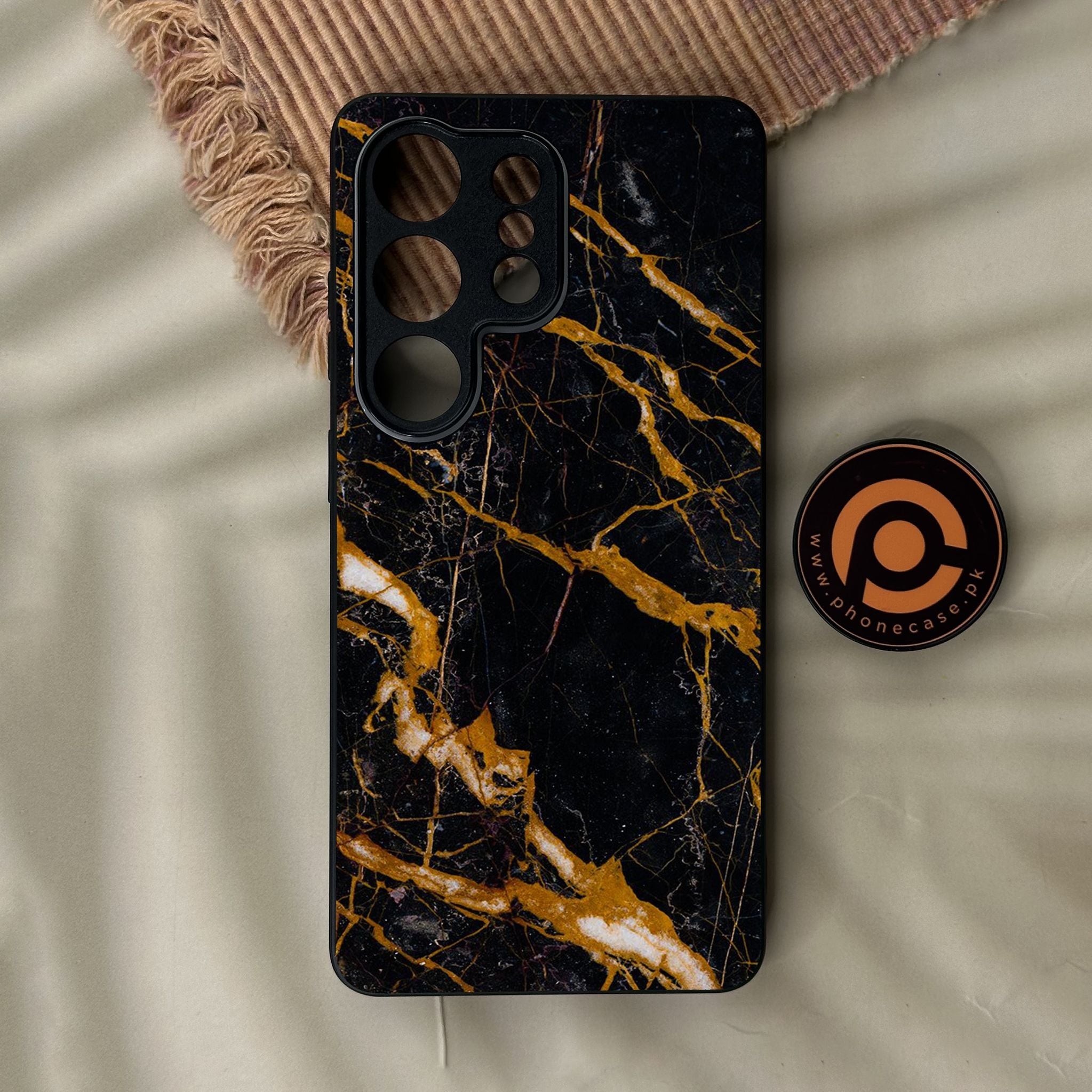 Galaxy S26 Ultra - Golden Black Marble - Premium Metal Printed Soft Bumper Shock Proof Case