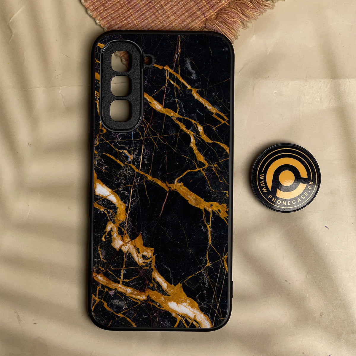 Infinix Hot 70 - Golden Black Marble - Premium Metal Printed Soft Bumper Shock Proof Case