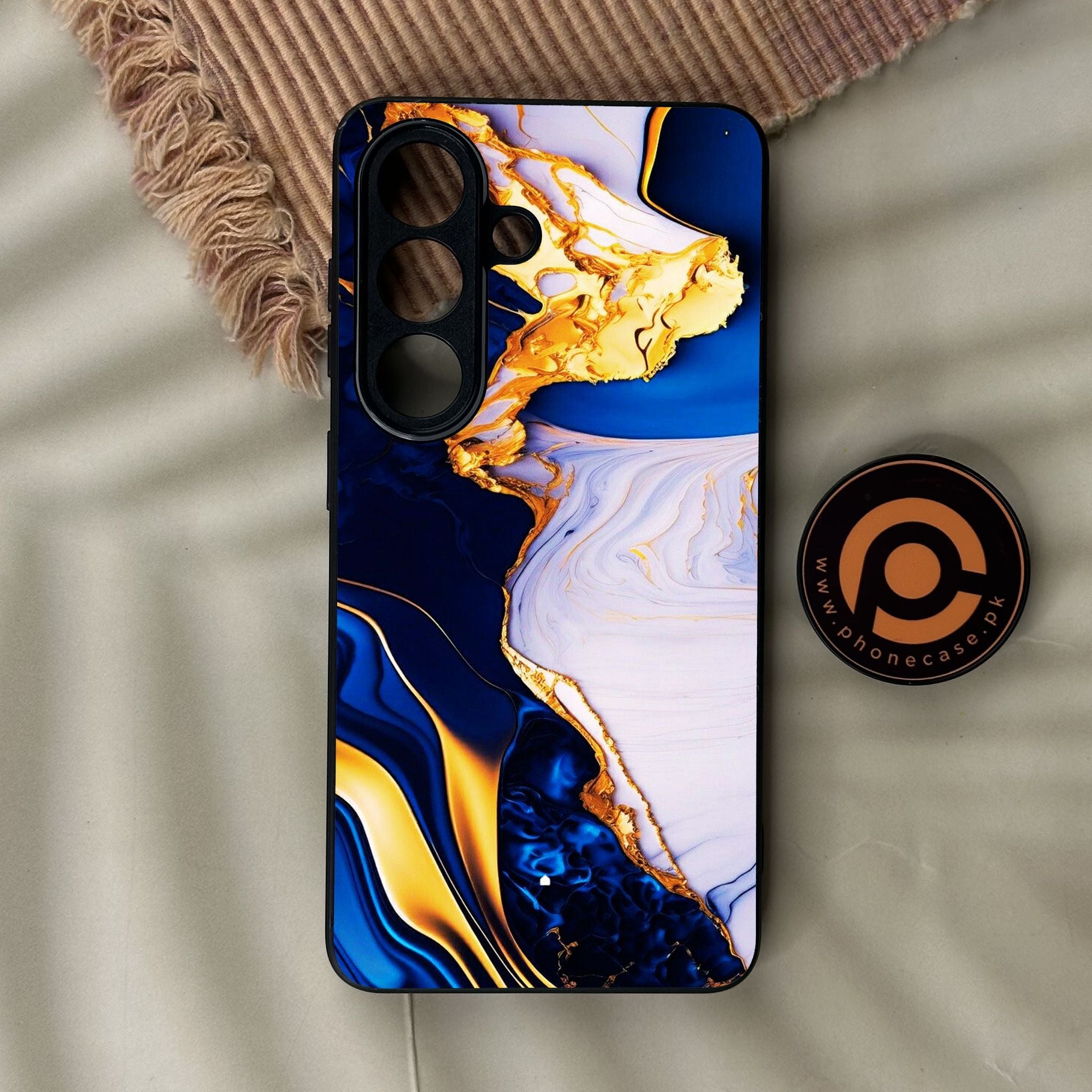 Galaxy S26 - Blue Golden Marble - Premium Metal Printed Soft Bumper Shock Proof Case